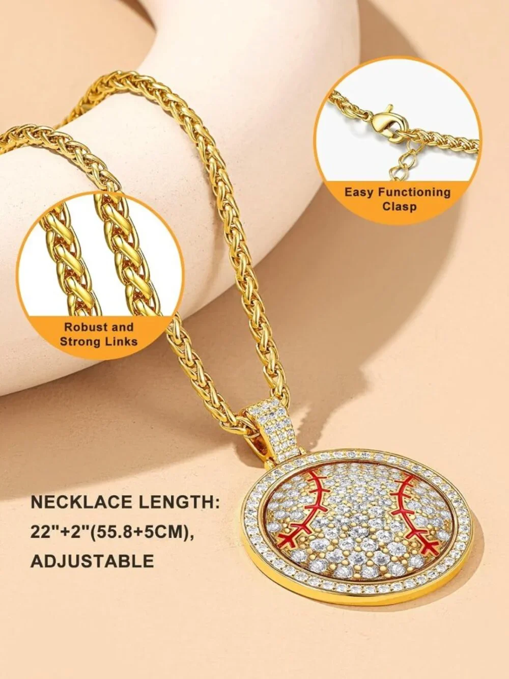 Stylish Bling Sports Necklace for Men - CZ Gold Chain with Ball Pendant Jewelry